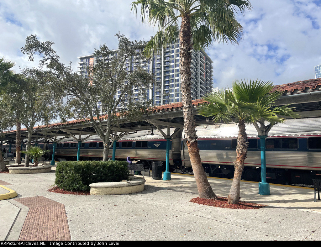 Amtrak Silver Meteor Train # 98 stopped at WPB with palm trees in the foreground